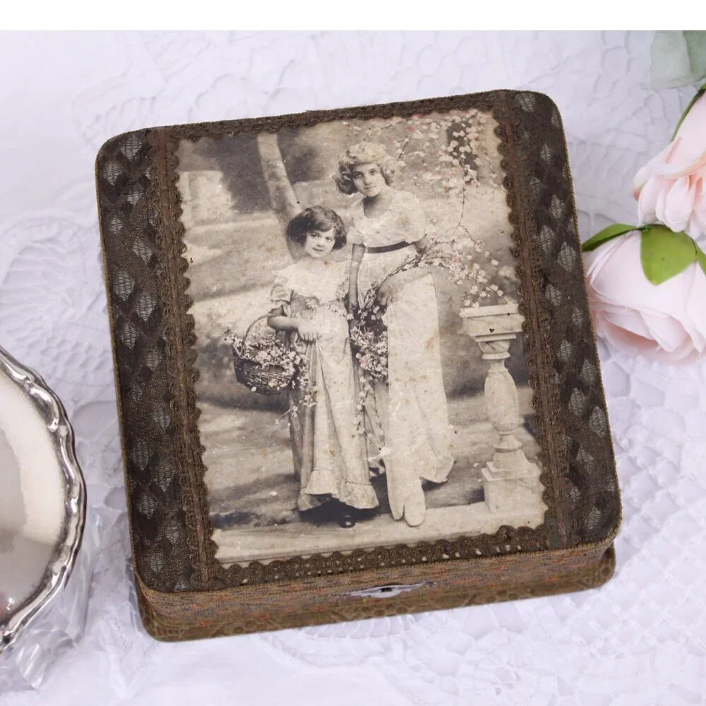 Vintage jewelry box 2 pretty flower girls, French brocade ribbon covered trinket - Picture 1 of 9